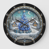 Happy Holidays Blue Christmas Tree Village ラージ壁時計 (正面)