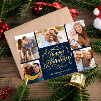 Happy Holidays Blue & Gold 5 Photo Collage Card シーズンカード
