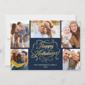 Happy Holidays Blue & Gold 5 Photo Collage Card シーズンカード (正面)