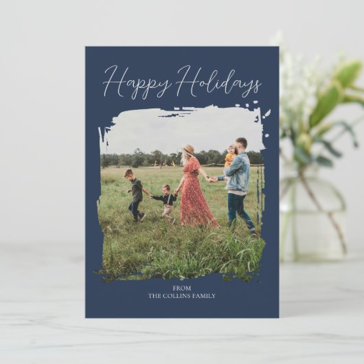 Happy Holidays Blue Script Modern Minimal Photo シーズンカード (スタンド正面)