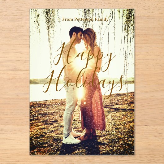 Happy holidays brown add couple photo name date mo アクリル招待状 (正面)