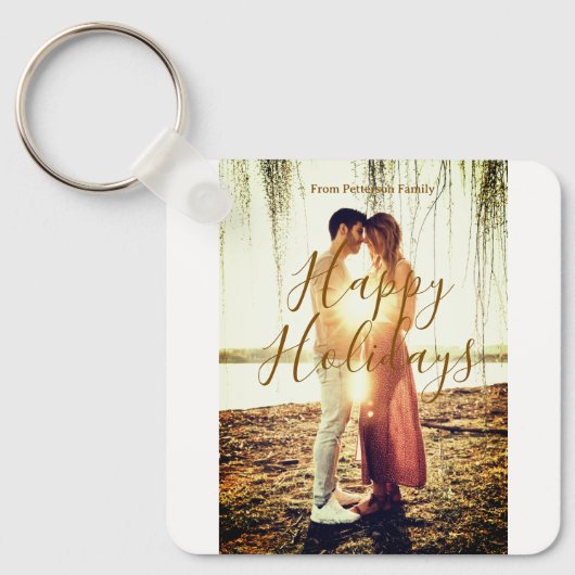 Happy holidays brown add couple photo name date mo キーホルダー (正面)