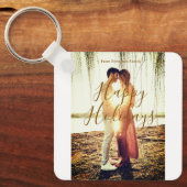 Happy holidays brown add couple photo name date mo キーホルダー (正面)