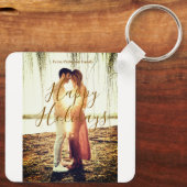 Happy holidays brown add couple photo name date mo キーホルダー (裏面)