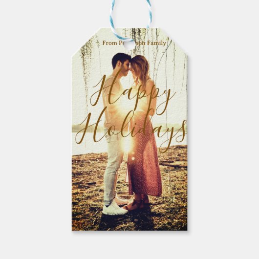 Happy holidays brown add couple photo name date mo ギフトタグ (正面)