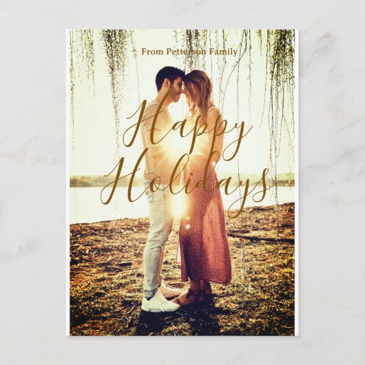 Happy holidays brown add couple photo name date mo シーズンポストカード (正面)