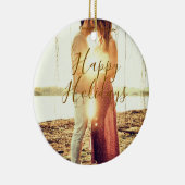 Happy holidays brown add couple photo name date mo セラミックオーナメント (右)
