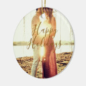 Happy holidays brown add couple photo name date mo セラミックオーナメント (左)