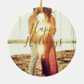 Happy holidays brown add couple photo name date mo セラミックオーナメント (裏面)