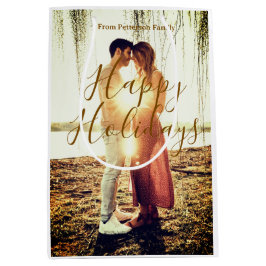 Happy holidays brown add couple photo name date mo ミディアムペーパーバッグ