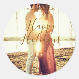 Happy holidays brown add couple photo name date mo ラウンドシール