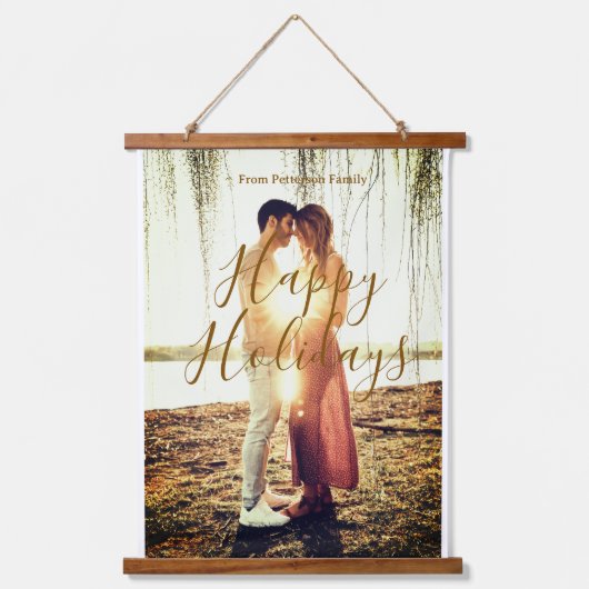 Happy holidays brown add couple photo name date mo 吊り下げ型タペストリー (正面)