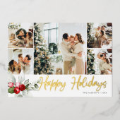 Happy Holidays Brush Script Berry 7 Photo Collage 箔シーズンカード (正面)