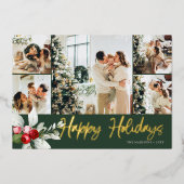 Happy Holidays Brush Script Berry 7 Photo Collage 箔シーズンカード (正面)