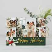 Happy Holidays Brush Script Berry 7 Photo Collage 箔シーズンカード (立ち正面)