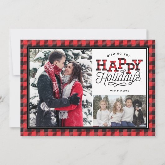 HAPPY Holidays Buffalo Plaid 縁ど 2 – 写真 シーズンカード (正面)