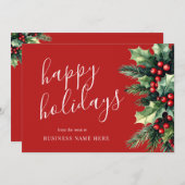 Happy Holidays Business Christmas Greenery シーズンカード (正面/裏面)