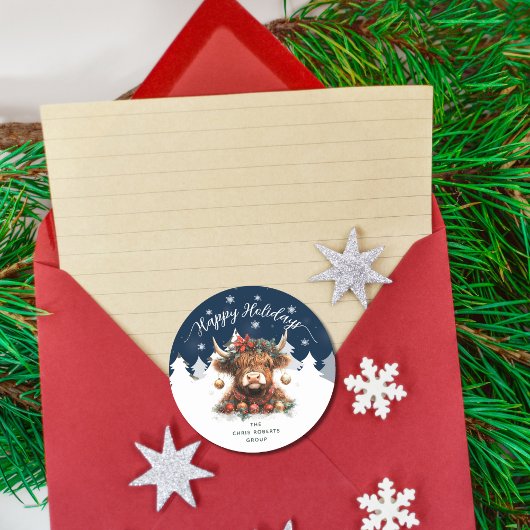 Happy Holidays Business Festive Highland Cow ラウンドシール