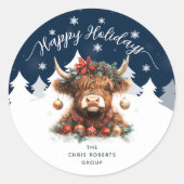 Happy Holidays Business Festive Highland Cow ラウンドシール (正面)