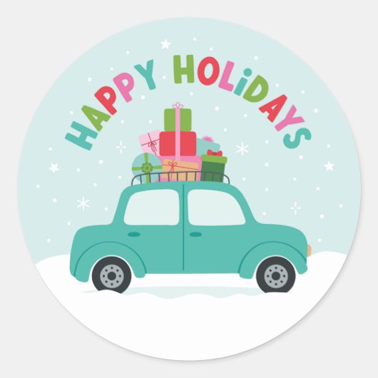 Happy Holidays Car with Gifts in Aqua Blue ラウンドシール (正面)
