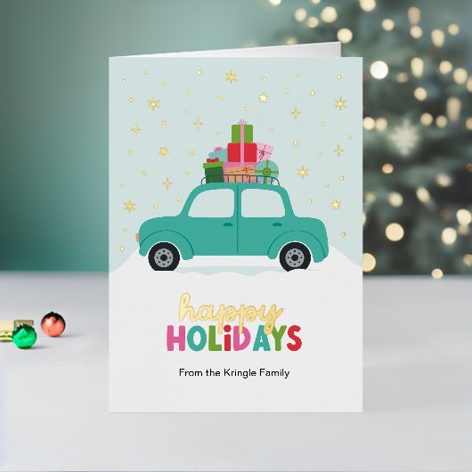 Happy Holidays Cars with Xmas Gifts in Aqua Blue 箔シーズンカード (クリスマスインサイチュ2)
