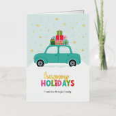 Happy Holidays Cars with Xmas Gifts in Aqua Blue 箔シーズンカード (正面)