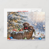 Happy Holidays Christmas Chocolate Lab Puppies シーズンポストカード (正面/裏面)