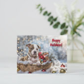 Happy Holidays Christmas Cute Pitbull Puppy Dog シーズンポストカード (スタンド正面)