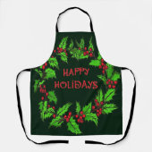 Happy Holidays Christmas Holly Wreath エプロン (正面)