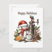 Happy Holidays coffee snowman シーズンポストカード (正面/裏面)
