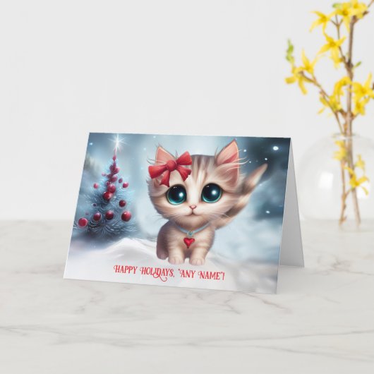 Happy Holidays Custom Name Cute Kitten and Tree カード (黄色い花)