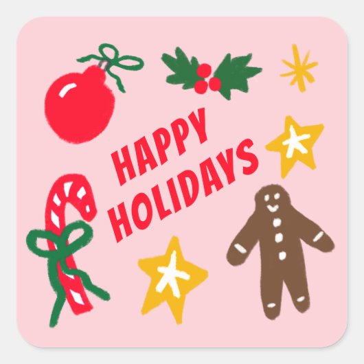 HAPPY HOLIDAYS Cute Hand-Drawn CUSTOM  スクエアシール (正面)