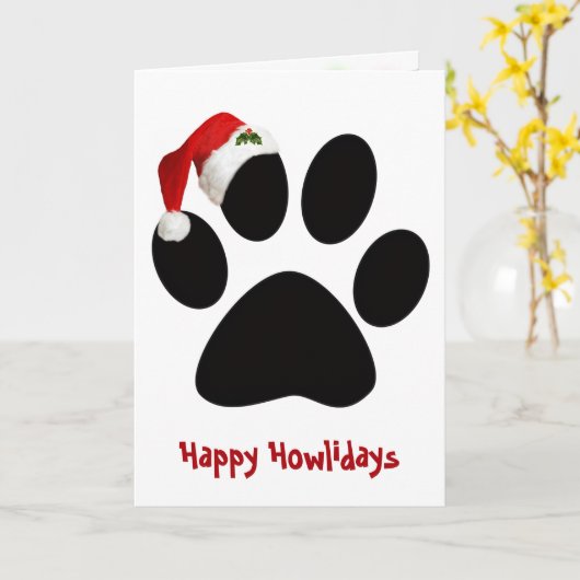Happy Holidays Dog Paw Print with Hat カード (黄色い花)