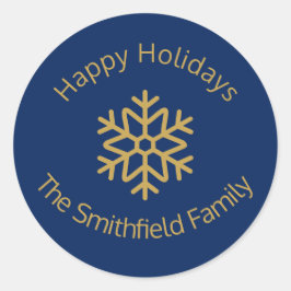 Happy Holidays Elegant Navy Gold Snowflake Custom ラウンドシール