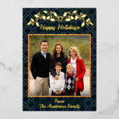 Happy Holidays Family Photo Name Blue Gold 箔シーズンカード (正面)