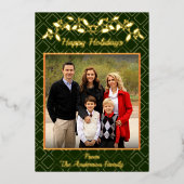 Happy Holidays Family Photo Name Green Gold 箔シーズンカード (正面)