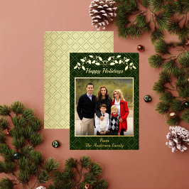 Happy Holidays Family Photo Name Green Gold 箔シーズンカード