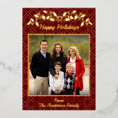 Happy Holidays Family Photo Name Red Gold 箔シーズンカード (正面)