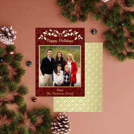 Happy Holidays Family Photo Name Red Gold 箔シーズンカード