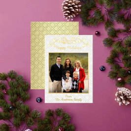Happy Holidays Family Photo Name White Gold 箔シーズンカード