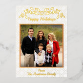 Happy Holidays Family Photo Name White Gold 箔シーズンカード (正面)