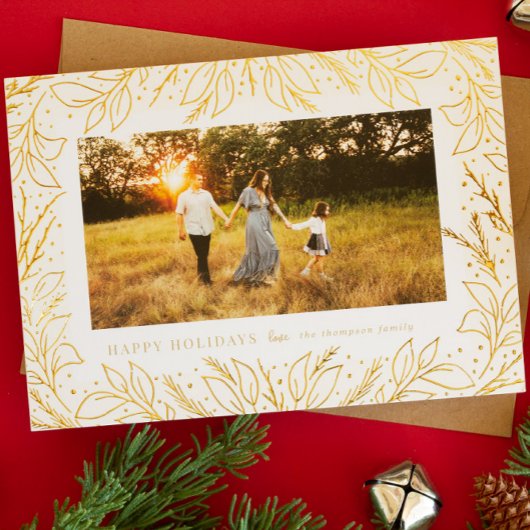 Happy Holidays Forest Foliage Gold Foil Photo Card 箔シーズンカード