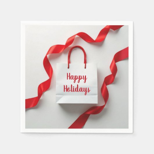 Happy Holidays Gift Bag With Red Ribbons スタンダードカクテルナプキン (正面)