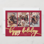 Happy Holidays Gold Script 3 Photo Collage Red  シーズンカード (正面)