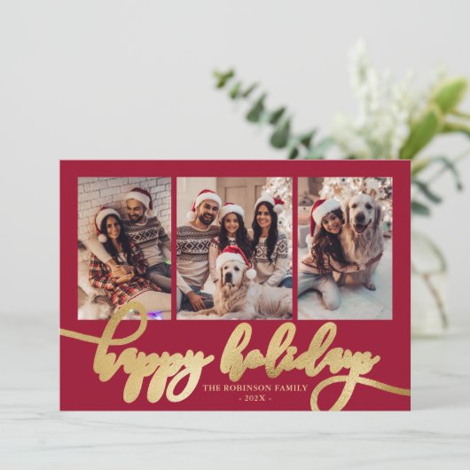 Happy Holidays Gold Script 3 Photo Collage Red シーズンカード (スタンド正面)