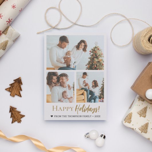 Happy Holidays Gold Script 3 photos Christmas シーズンカード