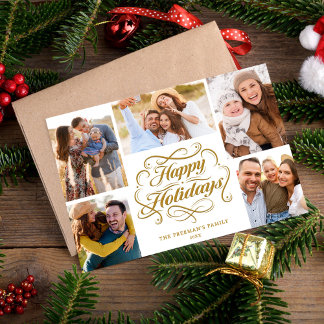 Happy Holidays Gold & White 5 Photo Collage Card シーズンカード