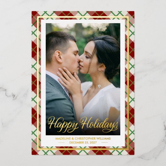 Happy Holidays | Green and Red Plaid Couple Photo 箔シーズンカード (正面)