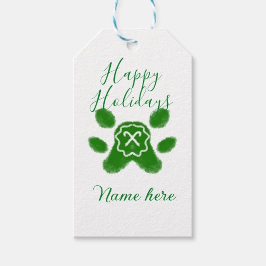 Happy holidays green dog pet paw candy cane animal ギフトタグ (正面)
