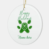 Happy holidays green dog pet paw candy cane animal セラミックオーナメント (左)